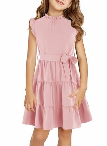Image of Haloumoning Girls' Dresses Casual Ruffle Sleeve Midi Dress Kids Pleated Party Dress with Belt 4-15 Years, Pink, 6-8 Years