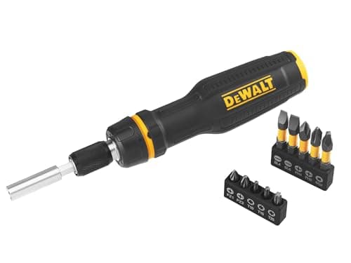 Image of Dewalt Full Fit Telescoping Multi-bit Ratcheting Screwdriver + 10 Bits, Contains 5 x 25mm Bits: PH1, PH2, SL4, SL6 & SQ2, 5 x 50mm Bits: PH1, PH2, SL4, SL6 & SQ2.