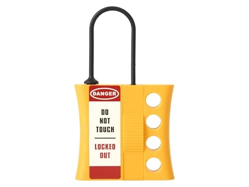 Image of The Workplace Depot Non-Conductive Lockout Hasp – Dielectric Nylon Group Lockout Device, High-Visibility Black & Yellow, 3mm or 6mm Shackle for Electrical & Industrial Safety (3mm Shackle)