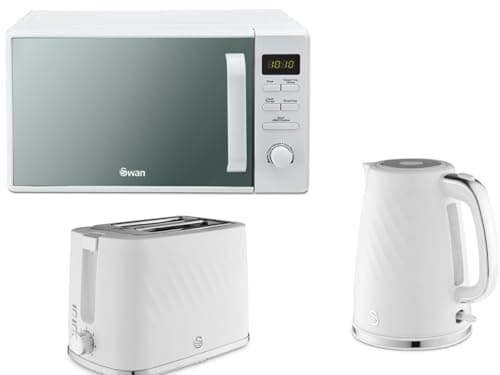 Image of Swan Windsor White 1.7L 3KW Kettle, 2 Slice Toaster and 800W 20L Digital Microwave SM4421WHT. Contemporary Matching Kitchen Set with a Premium Sleek White Finish