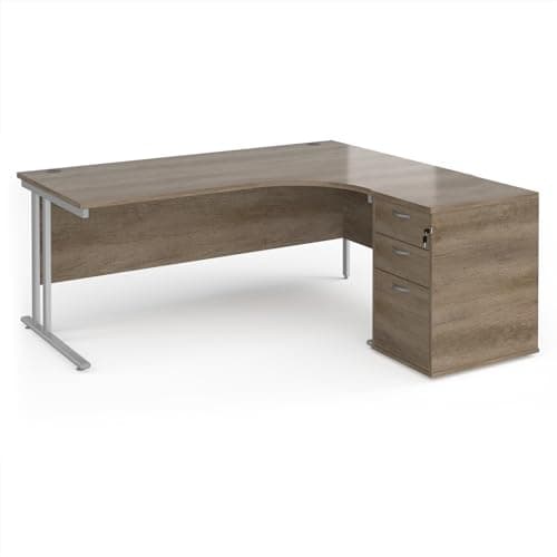 Image of Mr Office Maestro 25 right hand ergonomic desk with silver cantilever frame and desk high pedestal bundle, Nebraska Oak, 1800