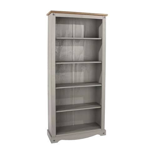 Image of Home Source Solid Pine Wood Large Tall Bookcase, 5 Book Shelves, Grey