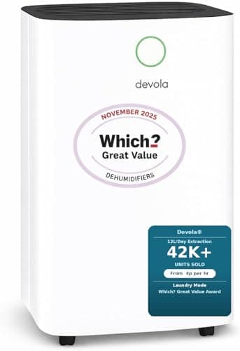 Image of Devola 12L/day Low Energy Dehumidifier, Quiet & Energy Efficient (costs less than 5p per hour) Dehumidifiers for Home, Laundry Drying Dehumidifier, Dust Filter -WHICH? GREAT VALUE AWARD