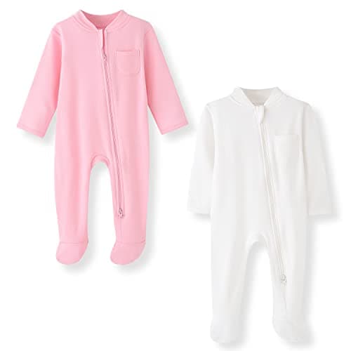 Image of BINIDUCKLING Baby Boys Girls Double Zip Up Sleepsuit - Two-Way Zipper, Baby Footed Pajamas with Mitten Cuffs - Cotton Long Sleeve Onesie for Baby Grows 6-9 Month, Pink and Cream-White