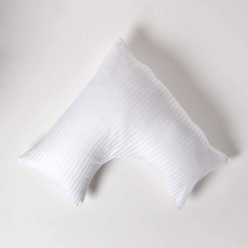 Image of HOMESCAPES White Pure Egyptian Cotton V-Shape Pillowcase 330 TC 500 Thread Count Percale Equivalent Satin Stripe Pillow Case For Nursing Pregnancy and Elderly Pack of 2