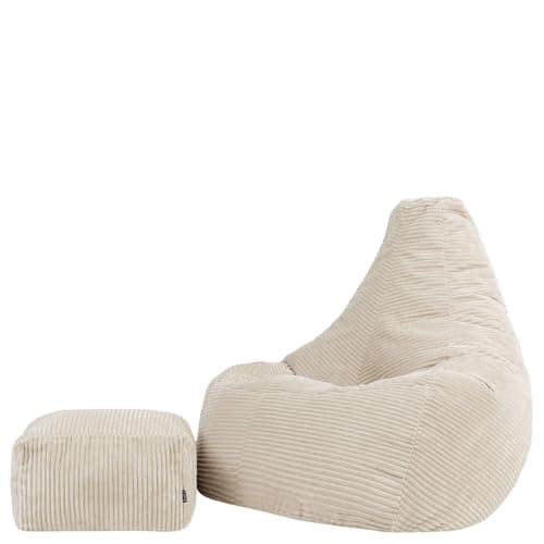 Image of icon Dalton Large Cord Bean Bag Chair and Footstool, Beige, XXL Adult Bean Bag with Filling Included, Comfy Chair, Living Room Furniture, Bedroom Furniture