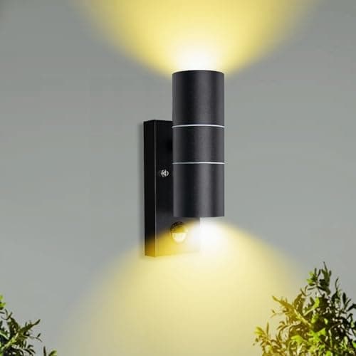 Image of Unikcst Outdoor Wall Lights Mains Powered PIR Motion Sensor Up Down Outside Lights IP44 Black for Patio Front Door Porch, Incl. 2X 5W LED GU10 Bulbs Warm White