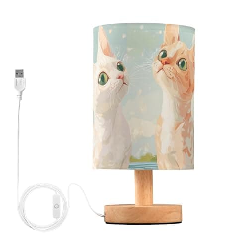 Image of WDdZzyy Cartoon Devon Rex Cats River Bedside Table Lamp USB Lamps Soft Light Living Room