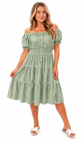 Image of Women's Off Shoulder Midi Dress Summer Smocked Waist Button Front Tiered Swing Dress Short Puff Sleeve Casual Holiday Dress One Size (12- 30) (UK, Numeric, 12, 30, Regular, Regular, Sage Green)