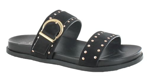 Image of ella Double Strap Studded Slider Sandals, Leather, Open Toe, Adjustable Buckle, Gold-Tone Detail, Flat Slide, Multiple Colours (Black, UK Footwear Size System, Adult, Women, Numeric, Medium, 6)