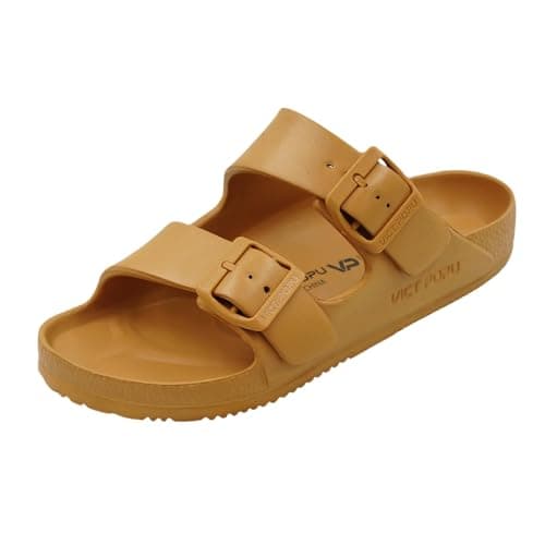 Image of VICT POPU Womens Sandals Open Toe Adjustable Double Buckle Strap Waterproof EVA Footbed Arch Support Mules Slides Tan UK 6