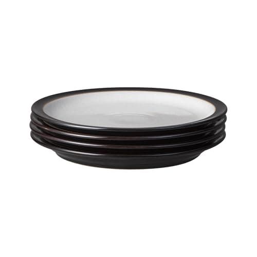 Image of Denby - Elements Black Dinner Plates Set of 4 - Dishwasher Microwave Safe Crockery 26.5cm - Black, White Ceramic Stoneware Tableware - Chip & Crack Resistant Large Plates