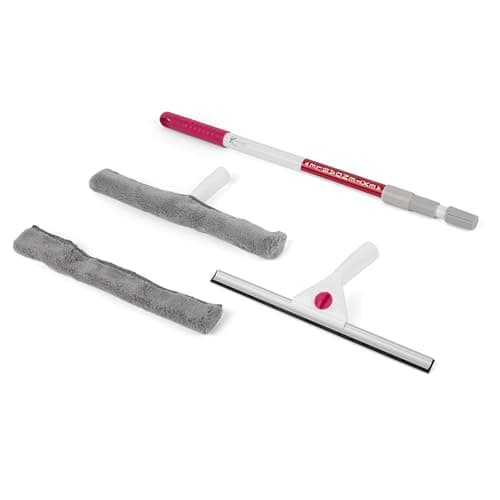 Image of Kleeneze KL062611EU 2-in-1 Window Cleaning Set – Telescopic Glass Cleaner Kit, Extendable Handle up to 1.3M, 2 Reusable Microfibre Pads, Rubber Squeegee, Interchangeable Head, Streak-Free, Mirror/Car