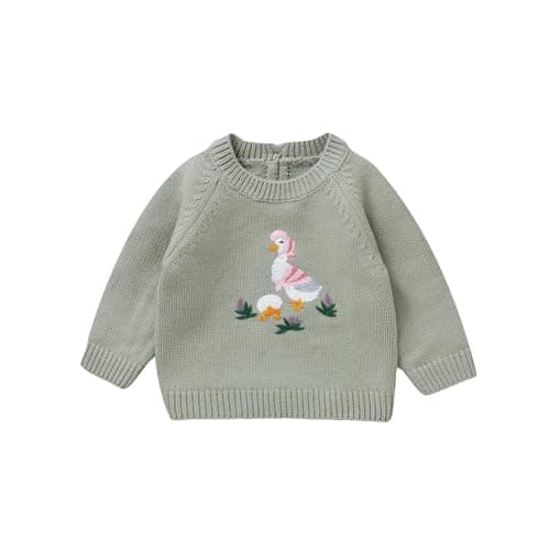 Image of Neiwech Baby Knit Sweater Boys Girls Goose Pullover Sweatshirt Round Neck Long Sleeve Toddler Tops Warm Fall Winter Clothes Green 9-12 Months