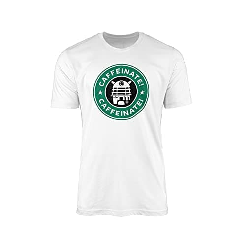 Image of Caffeinate Caffeinate Space Robot T-Shirt - Time Traveler TV Show Inspired Quote Novelty Tee Top Design 100% Combed Cotton High Density Extreme Comfort (White Prime, XL)