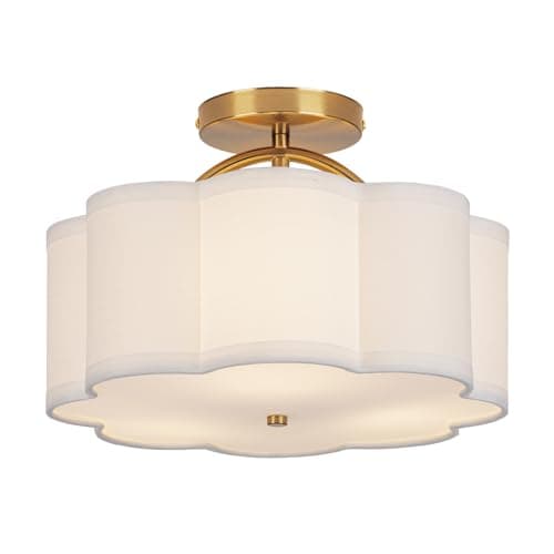 Image of CALOKES Semi Flush Mount Ceiling Light Fixture, Modern 3-Light Chandelier with Cloud-Shaped Cream White Fabric Shade and Golden Arm, Ideal for Bedroom, Kitchen, Living Room and Entryway, EU