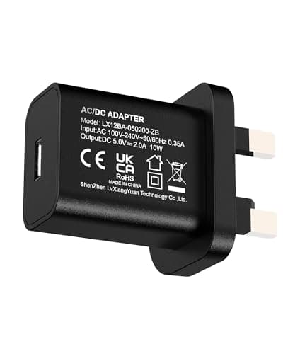 Image of 5V 2A 10W Black USB Charger, UK USB Plug with USB-A Output, 100-240V USB Power Adapter for Phone, Tablet & Speakers, Compact Travel USB Charger