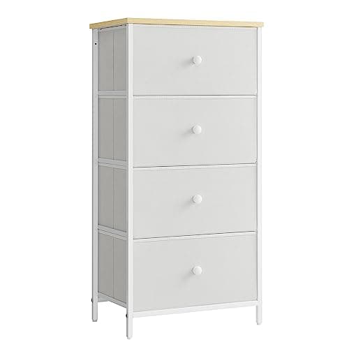 Image of SONGMICS Chest of Drawers Bedroom, Drawer Storage Unit, Dresser with 4 Fabric Drawers, Metal Frame, Tall and Slim, for Closet, White and Oak LTS314W57
