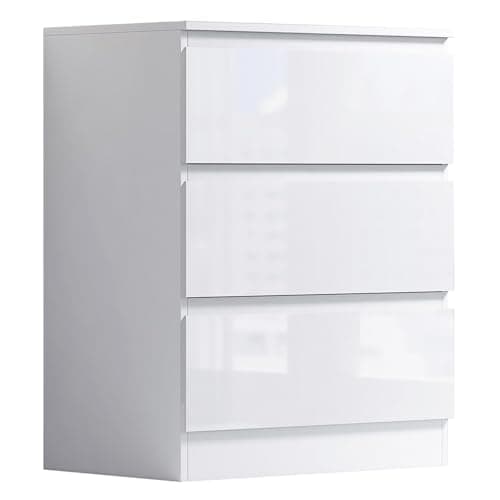 Image of FWStyle White Gloss 3 Drawer Chest of Drawers, Modern Bedroom Storage Cabinet with Handle-Free Design, Deep Drawers and Metal Runners, H77 x W60 x D40 cm