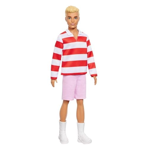 Image of Barbie Fashionistas Ken Doll #241 with Blonde Hair Wearing Red and White Striped Polo Shirt with Pink Shorts, White Crew Socks and Sneakers, HYV01