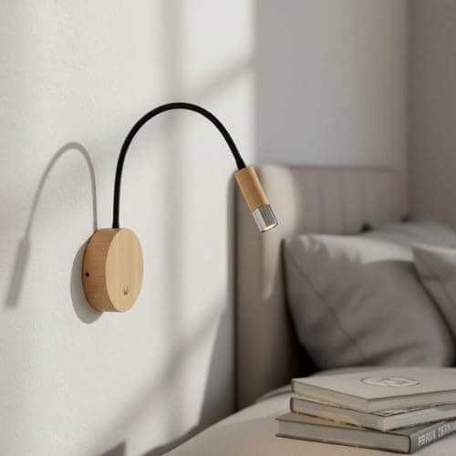 Image of Beech Wood Flexible LED Reading Light – 3W Warm White 3000K, Adjustable Black Metal Gooseneck Arm Bedside/Wall‑Mounted Lamp with Touch On/Off Switch – Modern Natural Wood Reading Light