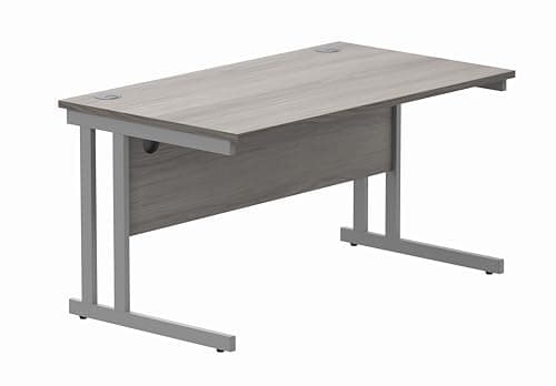 Image of Office Hippo Essentials Rectangular Desks, Home Writing Computer Desk Office Desk For Work Place Or Home, Home Office Desk With Cable Port Management, Silver Frame, Alaskan Grey Oak 140cm x 80cm