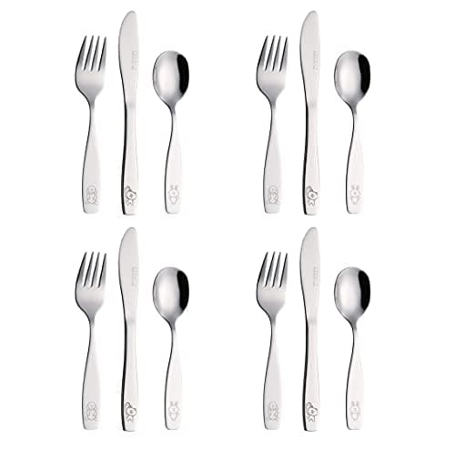 Image of Exzact Children's Cutlery 12pcs Set Stainless Steel/Kids Cutlery - 4 x Forks, 4 x Safe Dinner Knives, 4 x Dinner Spoons - Engraved Dog Cat Bunny Design