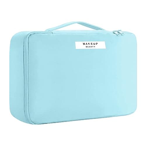 Image of Travel Makeup Bag [with Brushes Holder & Detachable Pouch] Cosmetic Bag Large Capacity Waterproof Makeup Case Storage Organiser for Women & Girls (Blue)