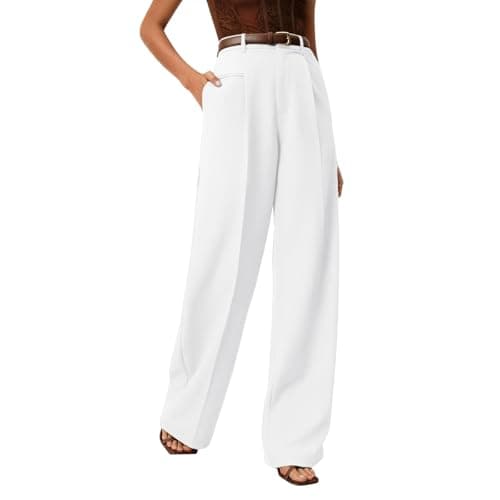 Image of Wide Straight Leg Work Trousers Women UK High Waisted Smart Suit Trousers for Office Business Stretch Casual Cotton Chino Pants with Pockets Ladies Comfortable Formal Long Pants White