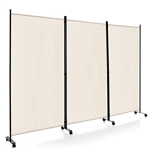 Image of COSTWAY 3/4-Panel Folding Room Divider, Rolling Wall Privacy Screen Protector with Wheels, Freestanding Paravent Partition Separator for Bedroom, Living Room and Office (Beige, 3 Panel-260x180cm)