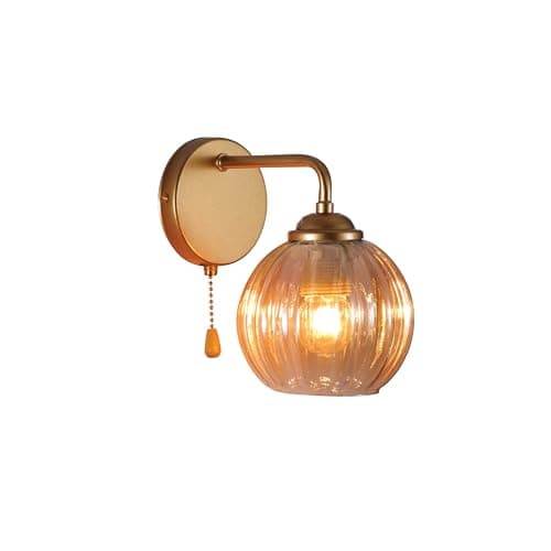 Image of TEKLED myHome Amber Reeded Glass Wall Light with Pull Down Switch | Vintage Gold Wall Lamp | E27 Fitting | Indoor Lighting for Bedroom Living Room Hallway Café Bar (Bulb Not Included)