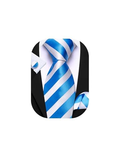 Image of Barry.Wang Mens Light Blue White Tie Silk Stripe Necktie Handkerchief Cufflinks Set Formal Wedding