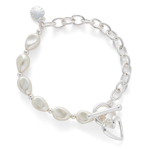 Image of equilibrium Contemporary Pearl Heart Chain Link Silver Plated Bracelet