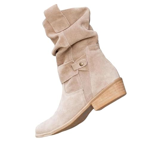 Image of Wide Fit Suede Ankle Boots Women | Pointed Toe Low Heel Booties Slip On Mid Calf Boots With Buckle Comfortable Walking Boots Winter Warm Boots Casual Comfort Lightweight Ankle Boots