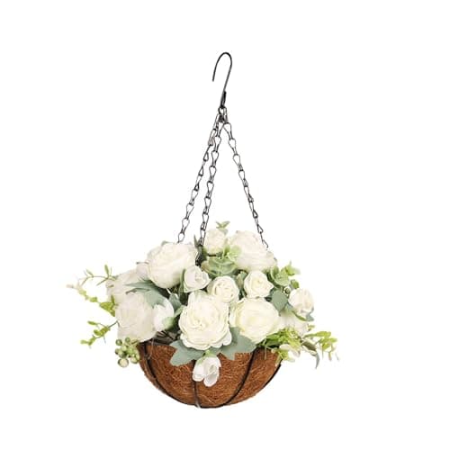 Image of Qianly Artificial Hanging Flowers in Basket Artificial Peony Flowers Outdoor Hanging Basket Garden Wedding Ornaments Chain Flowerpot Plants Decoration for Home Outdoors Garden Patio Porch, white