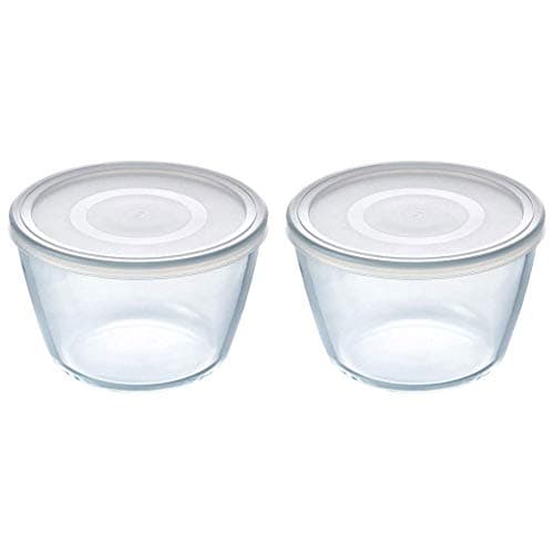 Image of Pyrex Microwave Safe Classic Round Glass Dish with Plastic Lid 0.6 Litre White (Pack of 2)