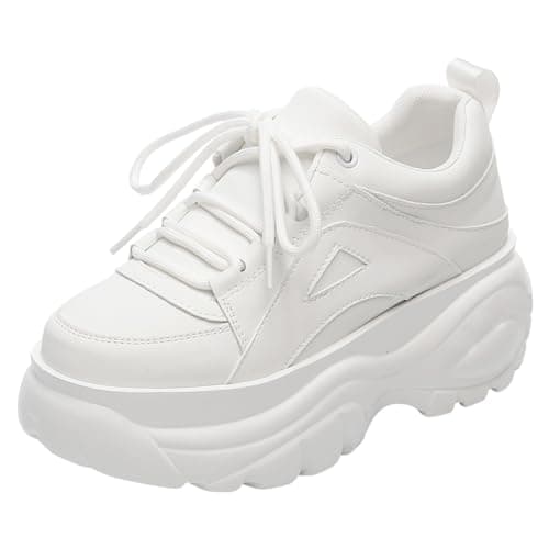 Image of ANUFER Women's High Platform Chunky Trainers Casual Lace-up Sports Dad Shoes White SN02920 UK2.5