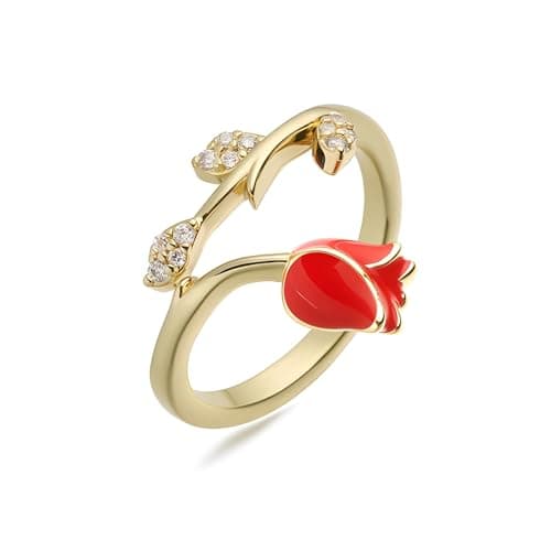 Image of IMINI Dainty CZ Tulip Adjustable Open Ring, 14K Gold Plated Enamel Floral Jewellery for Women - Crystal Leaf Design, Stackable Comfort Fit Band, Romantic Anniversary Wedding Gift (Red)