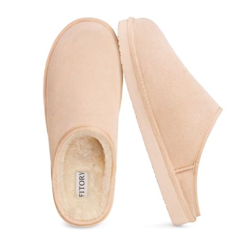 Image of FITORY Men's Suede Scuff Slippers,Comfy Fuzzy Lining Leather Slip-On House Shoes with Memory Foam Insole for Winter Indoor/Outdoor Light Brown Size 13.5