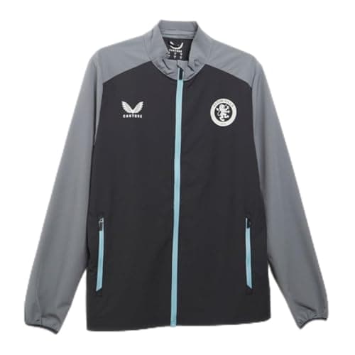 Image of Castore Aston Villa Football Jacket Men's Coaches Travel Top Grey Training Track Jacket (UK, Alpha, S, Regular, Regular, Grey)