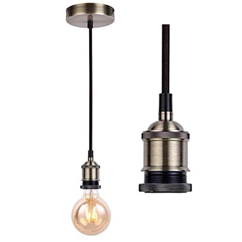 Image of JING Vintage ,Industrial Antique Brass Ceiling Rose, Braided Flex E27 Lamp Holder,Suspended Ceiling Pendant Light Fitting-