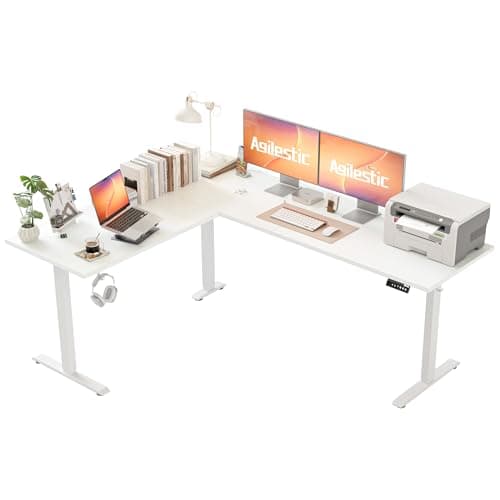 Image of Agilestic L-shaped Height-Adjustable Desk with dimensions 150 x 125 cm, Ergonomic Computer Desk with Stand and Sit, Designed for Corner Spaces, White
