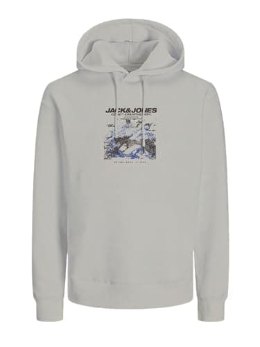 Image of JACK & JONES Mens Graphic Print Hoodie, Pullover with Drawstring Hood & Long Sleeves Sweatshirt for Men, Moonbeam Colour, UK Size L