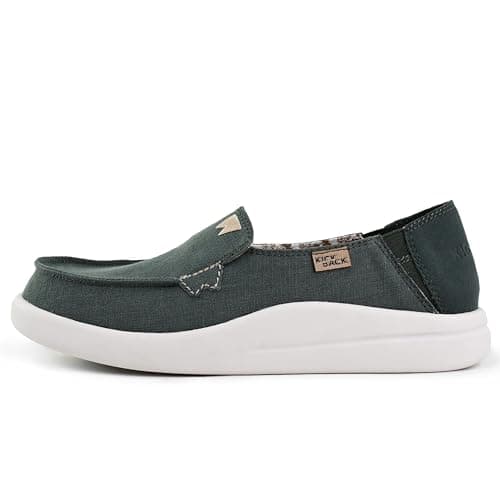 Image of Kickback Rizzo Women’s Slip On Linen Loafers – Lightweight Casual Shoes - Convertible Kick Down Heel Design for a Relaxed Everyday Summer Shoe - Dark Green, UK 7