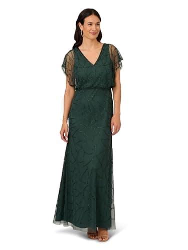 Image of Adrianna Papell Women's Beaded Blouson Long Dress Special Occasion, Dusty Emerald, 10