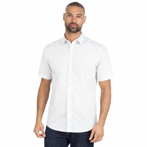 Image of Mens Short Sleeve Shirt Tailored Fit Easy Iron Collared Button Up Poplin Smart Casual Business Wedding Office Shirt (White, Slim Fit, 15.5)