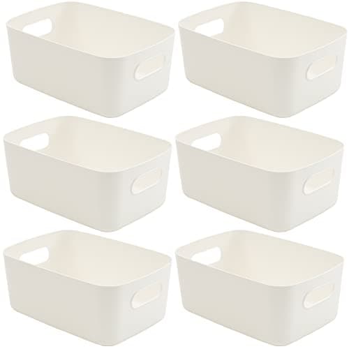 Image of SA Products Set of 6 Storage Box - White Storage Boxes With Handle - Stackable & Minimalist Rectangular Plastic Storage Baskets - Stylish Cupboard Organiser For Kitchen, Home, Office and Bathroom