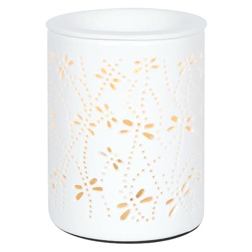 Image of Fancy White Ceramic Electric Dragonfly Cut Out Oil Burner - 13cm x 10.5cm (1 Pc.) - Luxurious Design, Premium Material, Aromatherapy Accessory - Ideal for Home & Office Decor