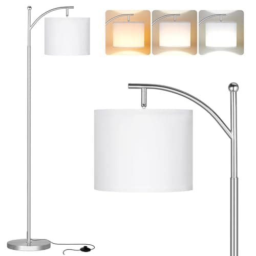 Image of Aooshine Silver Floor Lamps for Bedroom with 3 Color Temperatures, Tall Standing Lamp with White Shade(Bulb Included)
