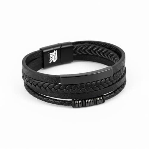 Image of IRTA LONDON Luxury Unisex Black Braided Leather Bracelet with Gift Box, Multi-layer Design with Beads, Secure Magnetic Clasp, and Stainless Steel ID Bar | Perfect Present for Him & Her (Black)